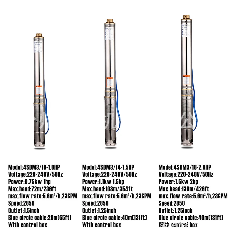 4 Inch 0.75KW Deep Well Pump 1HP 6500L/H Submersible Pump + 20M Cable + Contrl Box for Garden Home Agricultural Irrigation