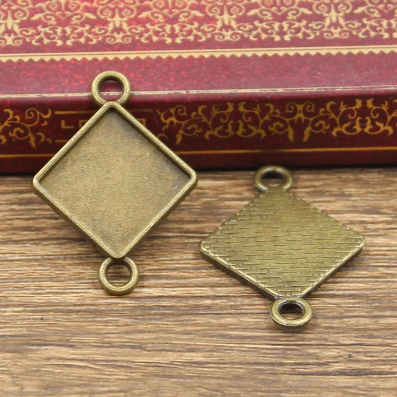 10pcs Fit 15mm Square Rhombus Double Hanging Glass Cabochon Base Setting Antique Bronze Silver Color Color Pendant DIY Making