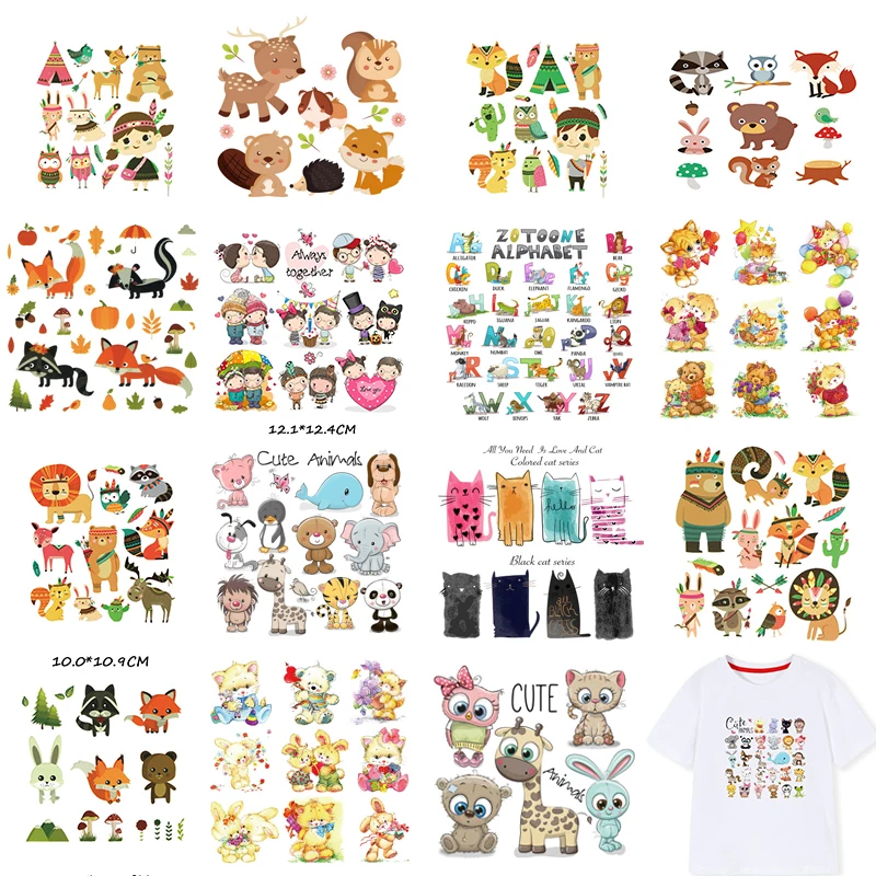 Cartoon Animals Iron On Patches Hot Transfer Pyrography Sticker Badges DIY Boy Girl Stripes Clothes Patch Stickers Appliques E