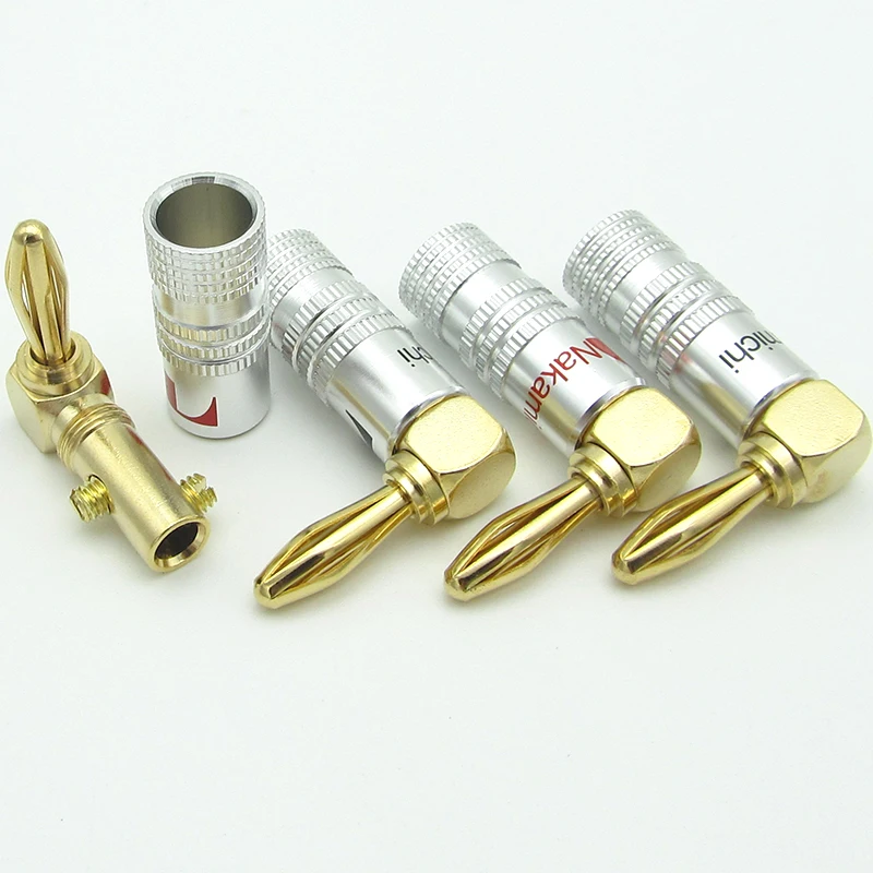 10pcs Pure copper gold-plated solder-free 4MM banana plug audio amplifier terminal speaker cable connector banana elbow