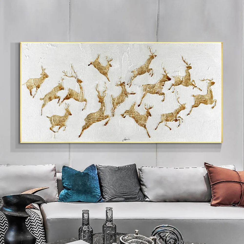 

Modern Home Decoration Painting Hand-Painted Oil Paintings Animal Abstract Reindeer Golden Wall Art Living Room Office Mural Art