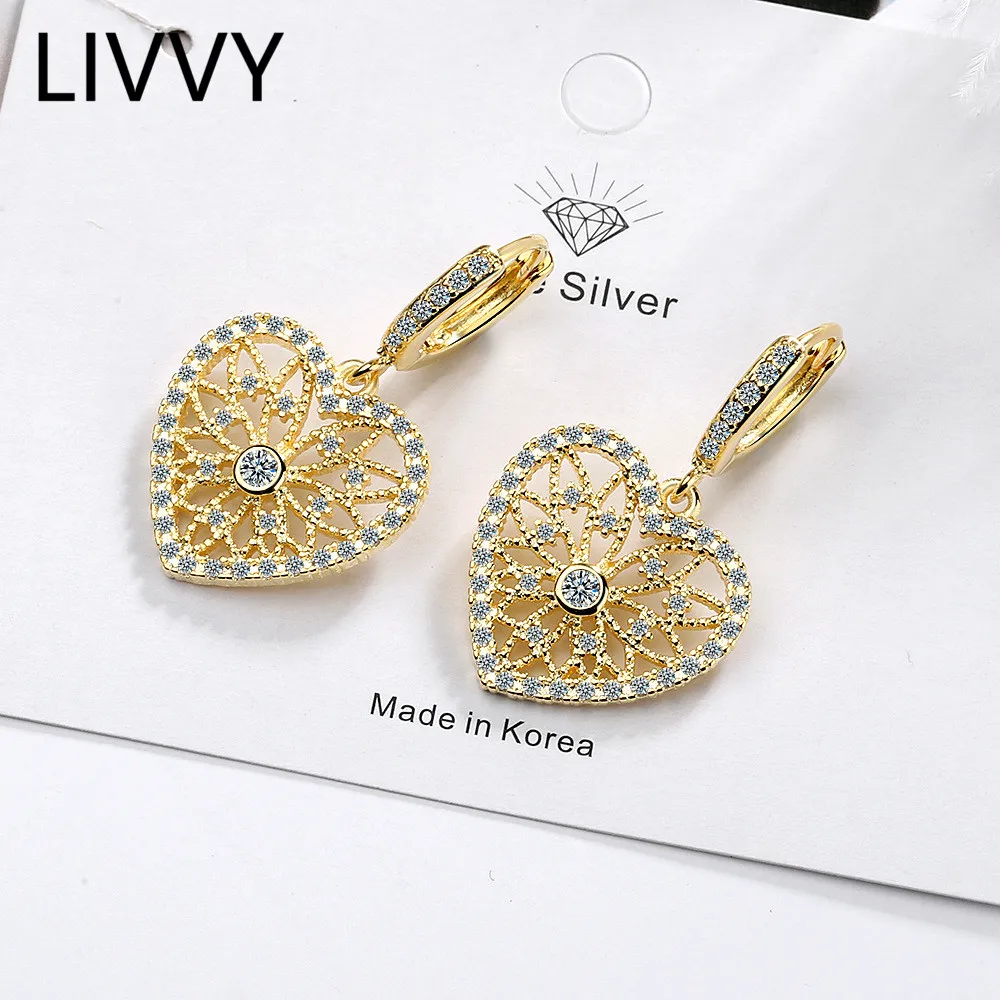 

LIVVY Silver Color Fashion Hollow Heart Shape Zircon Drop Earrings For Women Fashion Creative Wedding Jewelry Gift