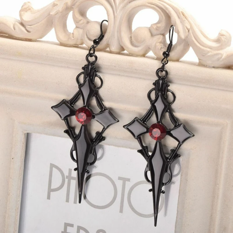 Gothic Victorian Cross Pendant Earrings with Red Austrian Crystals Cross Rhinestone Hour Hand Earrings Jewelry Gifts D55Y