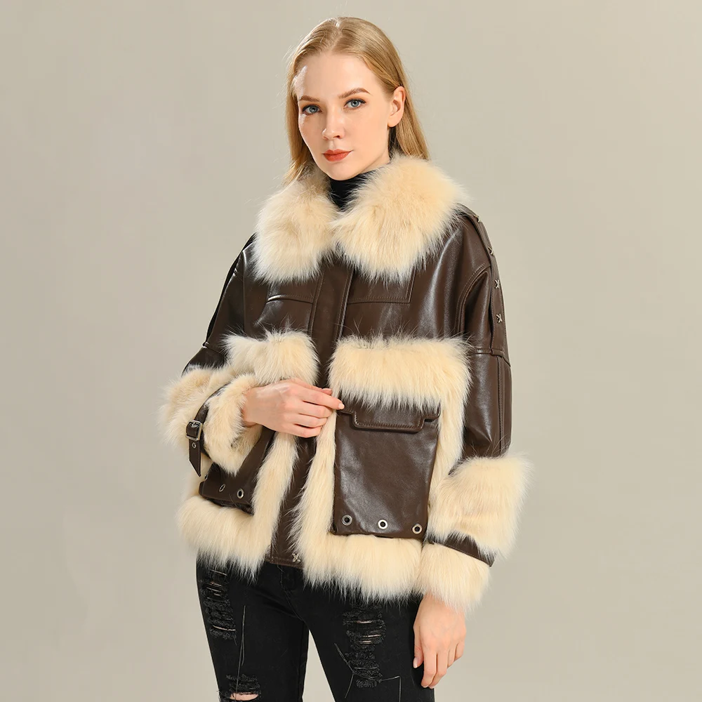 

Jxwatcher Women's Winter Sheepskin Jacket 2022 New Style Ladies Soft Warm Leisure Fashion Real Fox Fur Coat Female