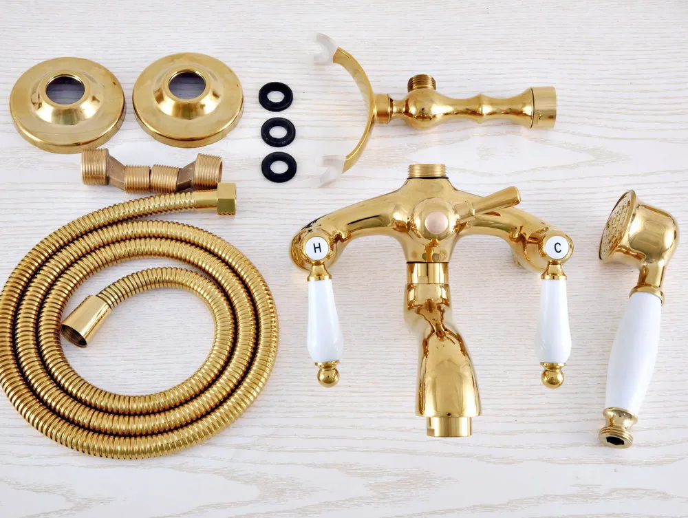 الفاخرة مصقول الذهب اللون النحاس الحمام الحائط قدم مخلبية حوض صنبور الصنابير مجموعة مع باليد دش رئيس رذاذ mna822 #2