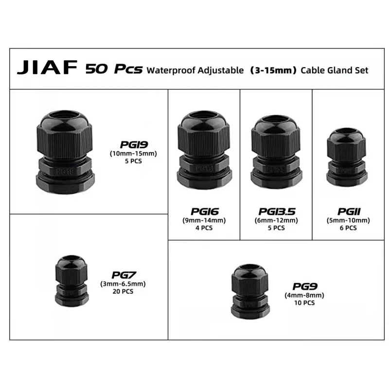 50 PCS Plastic Waterproof Cable Gland PG7-PG19 Nylon Black Cable Fixing Joint PG13.5 With Gasket Range For 3-15mm Set