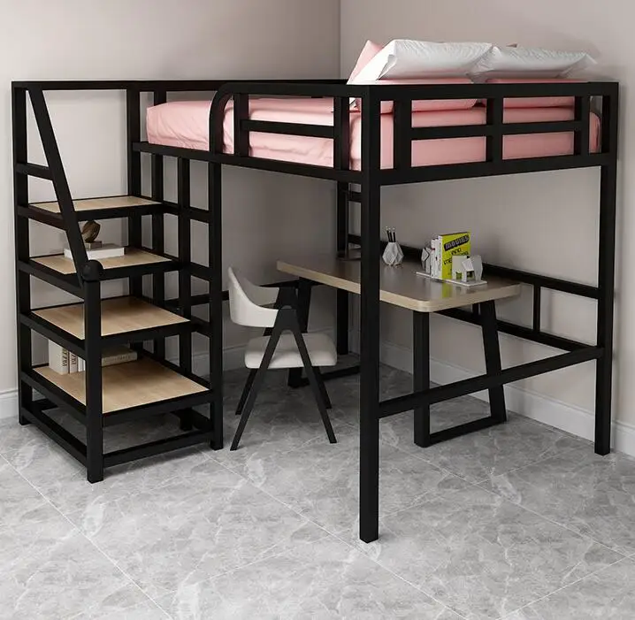 Space-saving elevated bed bed under table apartment bed bunk iron frame bed small apartment attic bed double iron work bed