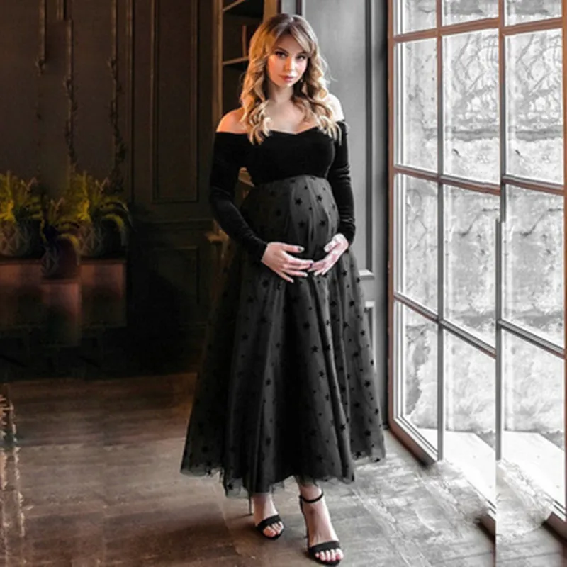 2023 Golden Velvet Maternity Dresses For Photo Props Dress Pregnant Women Long Sleeve Maxi Pregnancy Dress for Photo Shoot