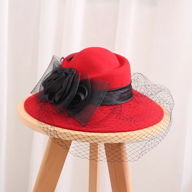 Wedding Hat Woman Bowknot Flower Net Yarn Woolen Hat British Hepburn Top Hat With Big Brim Wool Felt Bridal Birdcage Veil 2021