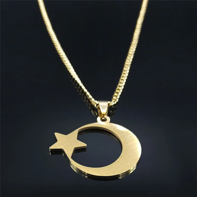 Muslimische Islamische Halbmond-Stern-Halskette aus Edelstahl für Frauen, Goldfarben Anhänger-Halskette, Amulett-Schmuck Geschenk – Detail 7