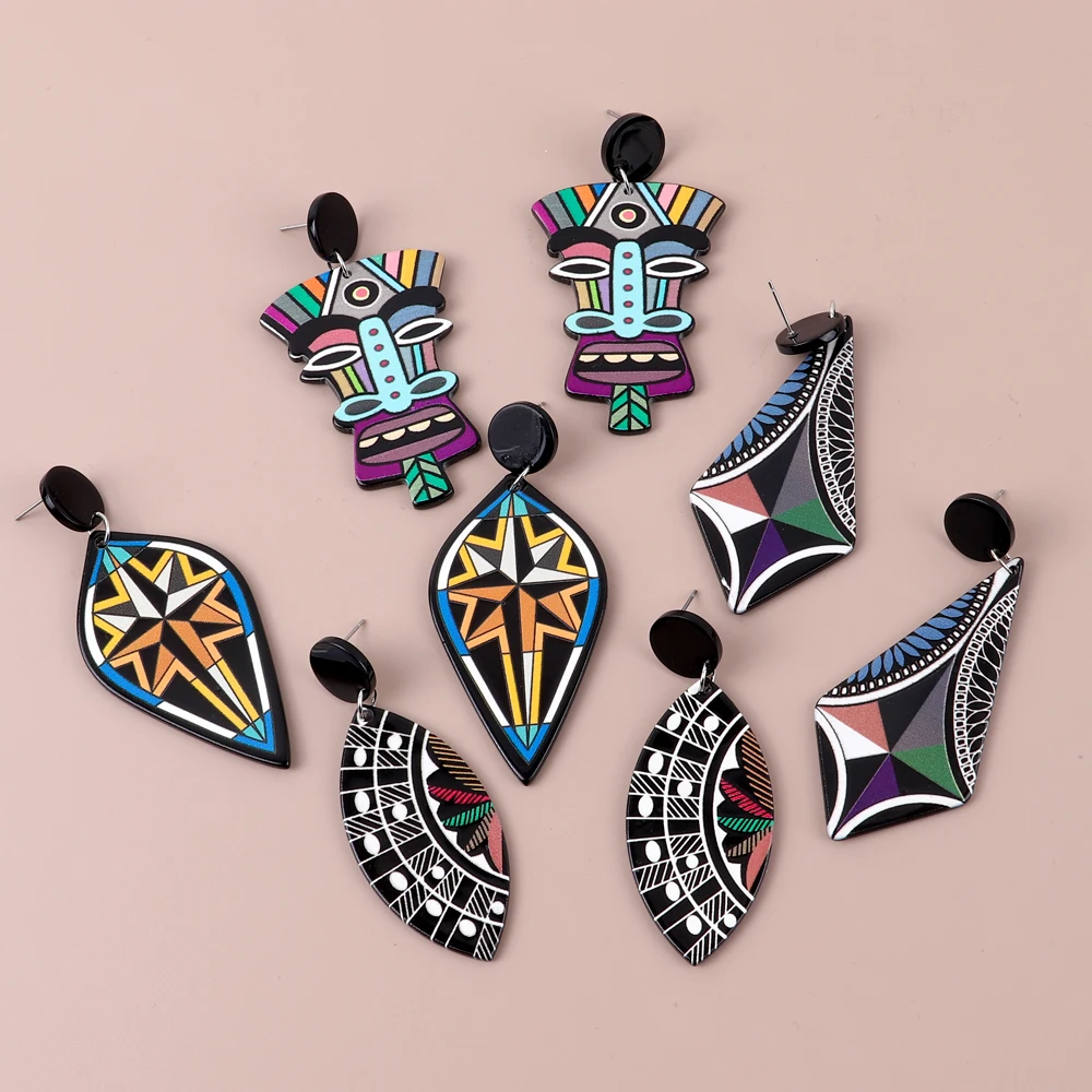 FishSheep Colorful Face Printed Acrylic Drop Earrings For Women Exaggerated Geometric Abstract Printing Earring Fashion Jewelry