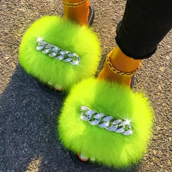 Women Sandals Real Fox Fur Slides Fluffy Slippers Ladies Summer Diamond Chain Flip Flops Beach Shoes Indoor Furry Slippers 2021