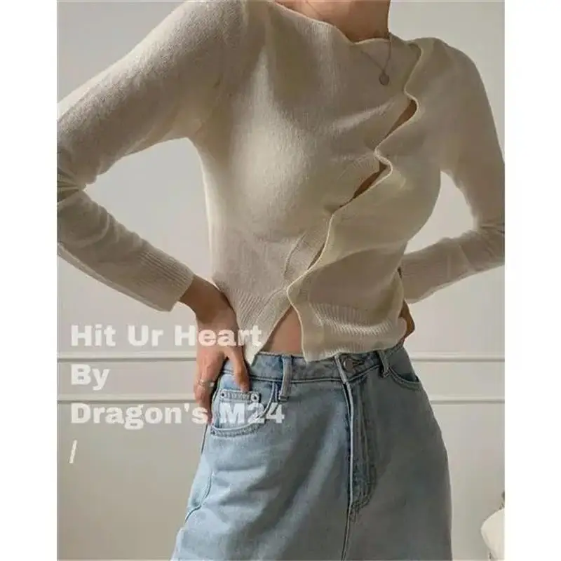 Y2K Long Sleeve Spring Autumn Knitted Women Cardigan Sweaters Irregular Buttons Elegant Hollow Out Crop Top Ladies Streetwear