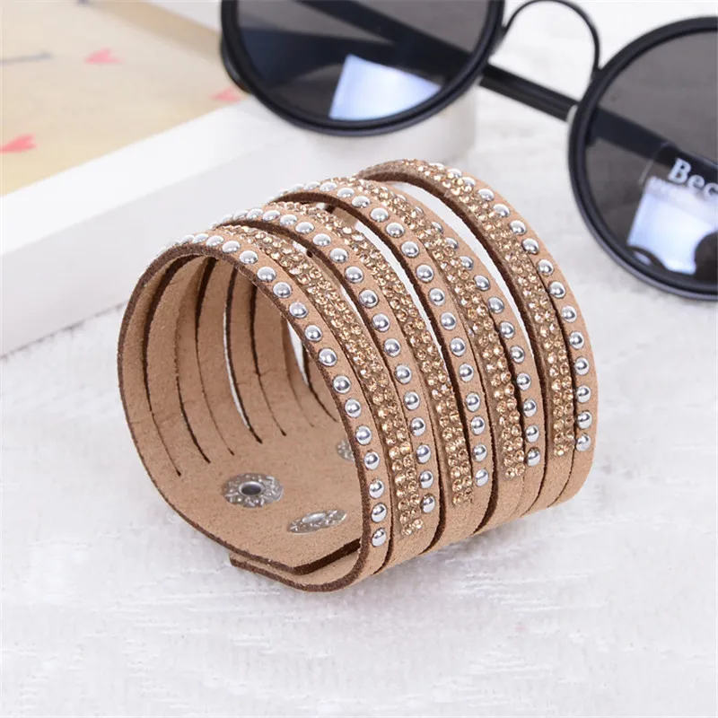 Handmade Leather Bracelets for Women Full rivet Crystal Round Wide Men Women Bracelet New arrvial Gift Jewelry