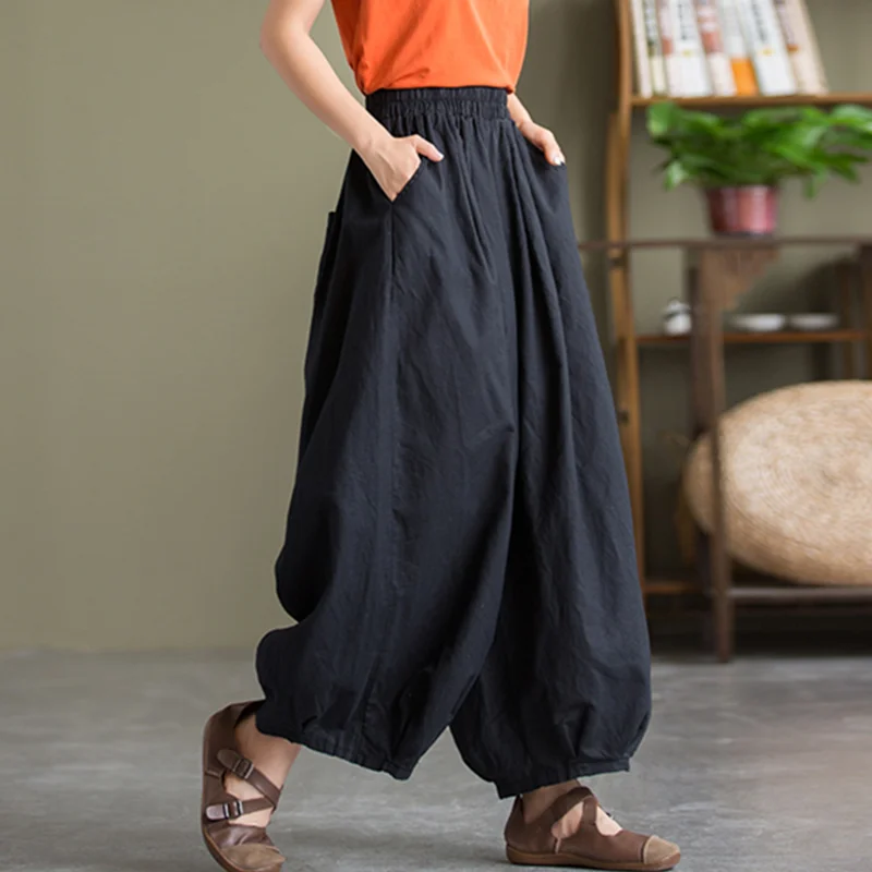 Women\'s Cotton Linen Baggy Cargo Pants  Vintage Elastic Waist Yoga Trousers Loose Casual  Long Wide Leg Slacks