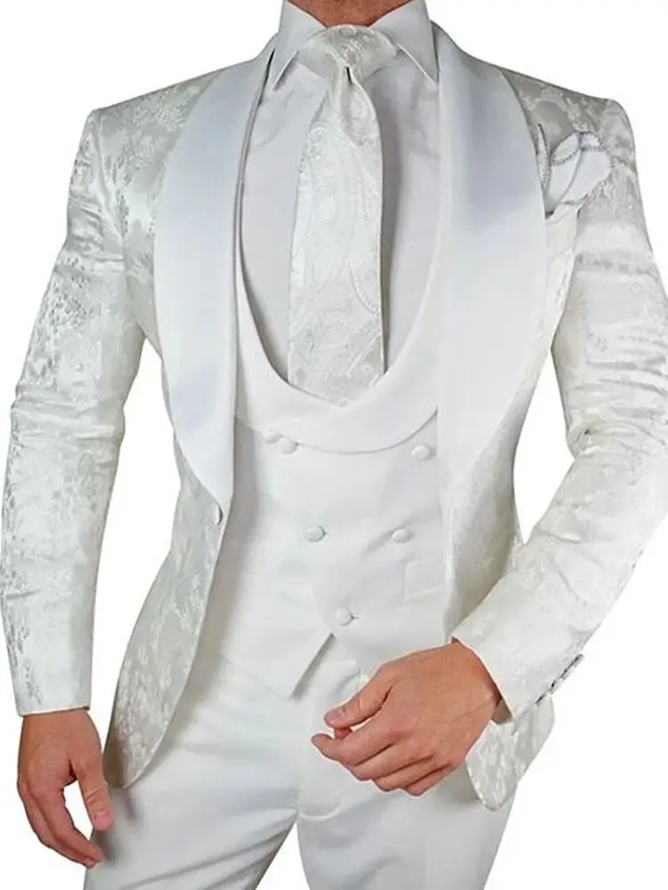 Branco floral casamento smoking para o noivo magro ajuste masculino ternos com cetim xale lapela personalizado moda masculina traje (jaqueta + calças + colete)