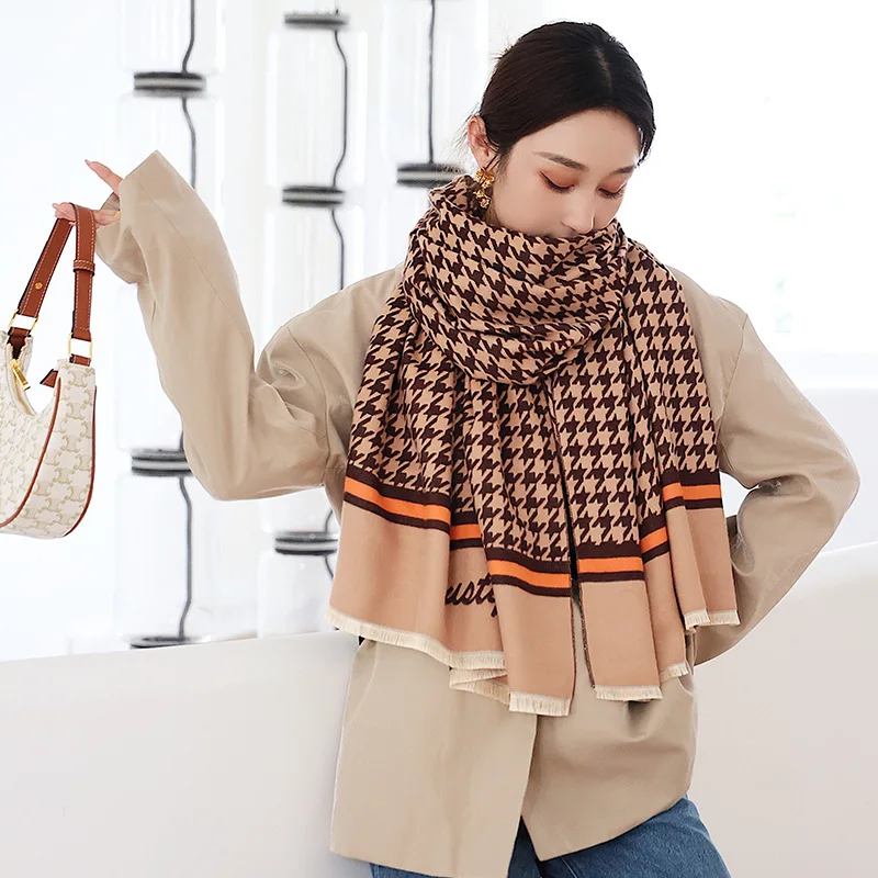 New Woman Fashion European And American Style Houndstooth Printing Imitation Cashmere Shawl Multifunction Warm Scarf Gift