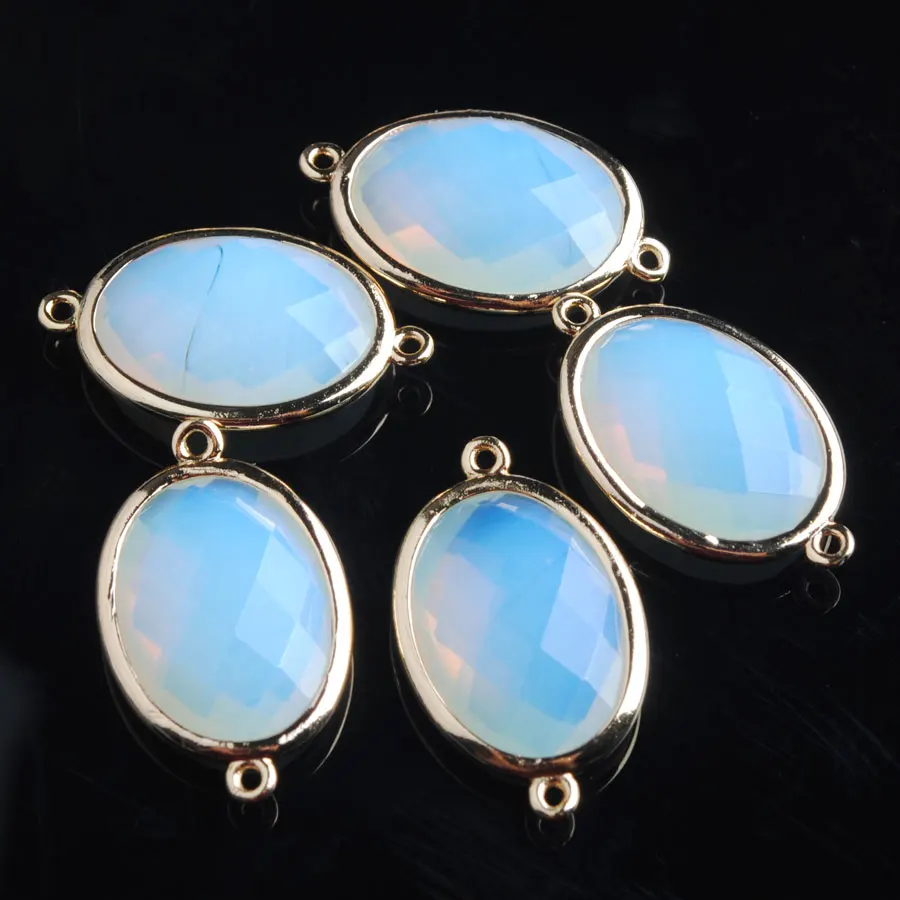 10pcs Shiny Oval Faceted Natural White Opal Stone Beads Two Hole Connector for Female Homme Jewelry Making Z9069