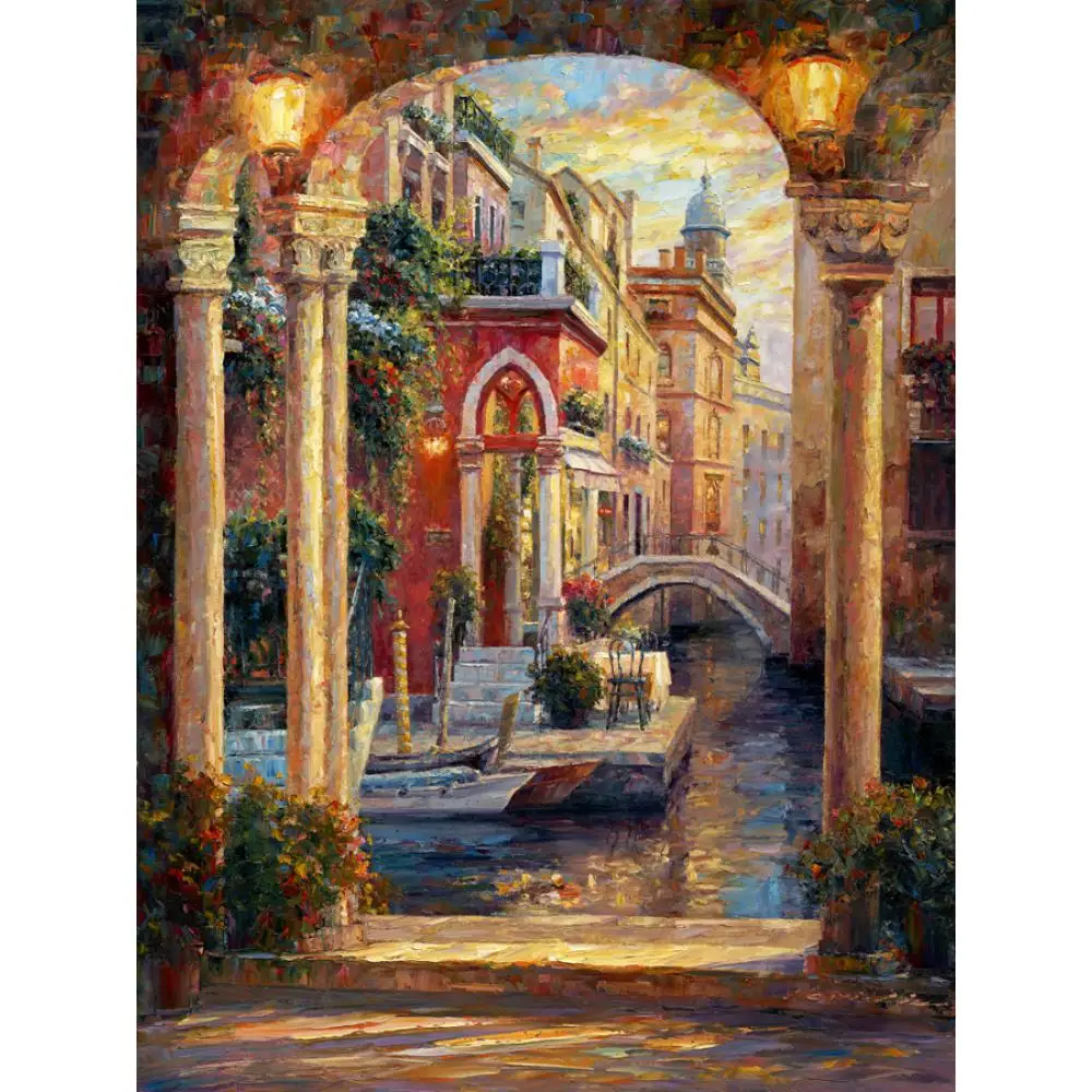 

Canvas Art Contemporary Painting Oil Handmade Venice Village Landscape Picture Colorful Artwork for Living Room Wall Decoration