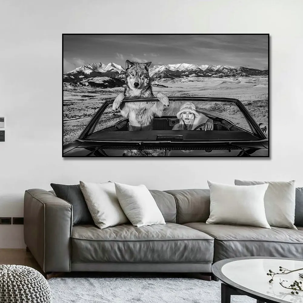 Wild Wolves Animal Wall Art Posters White Black Canvas Print Nauty Girl Driving Car Canvas Paintings Pictures For Home Decor