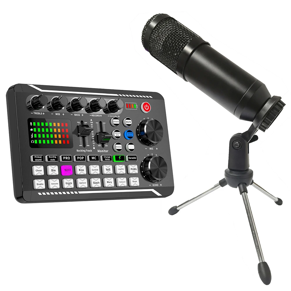 Sound Card with USB Bluetooth-Compatible Microphone Studio Record Phone/Computer Live Audio Mixer Voice Mixing Console Amplifier