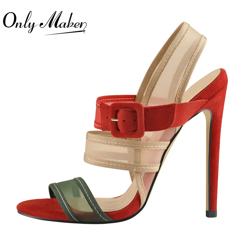 Onlymaker Women Stiletto High Heels Sandals Mesh Ankle Buckle Black Red Flock Peep Toe Large SizeSummer Sandals