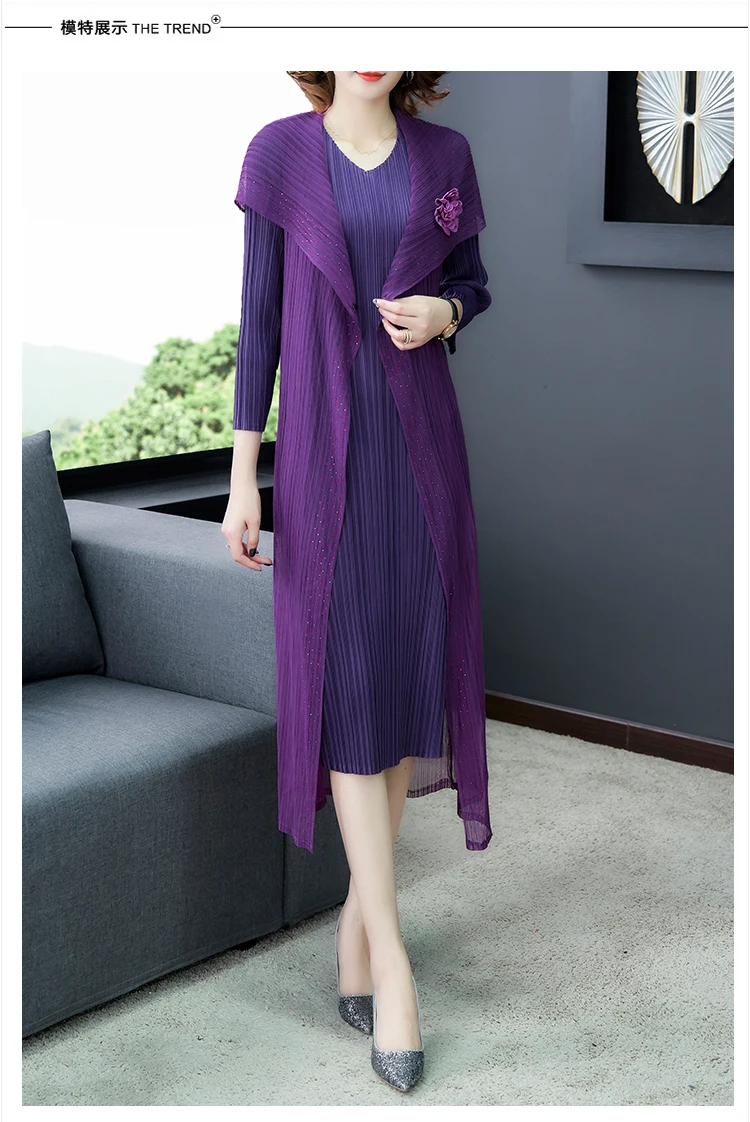 

HOT SELLING Miyake fold solid dress the long sleeve applique fake two-piece dress IN STOCK