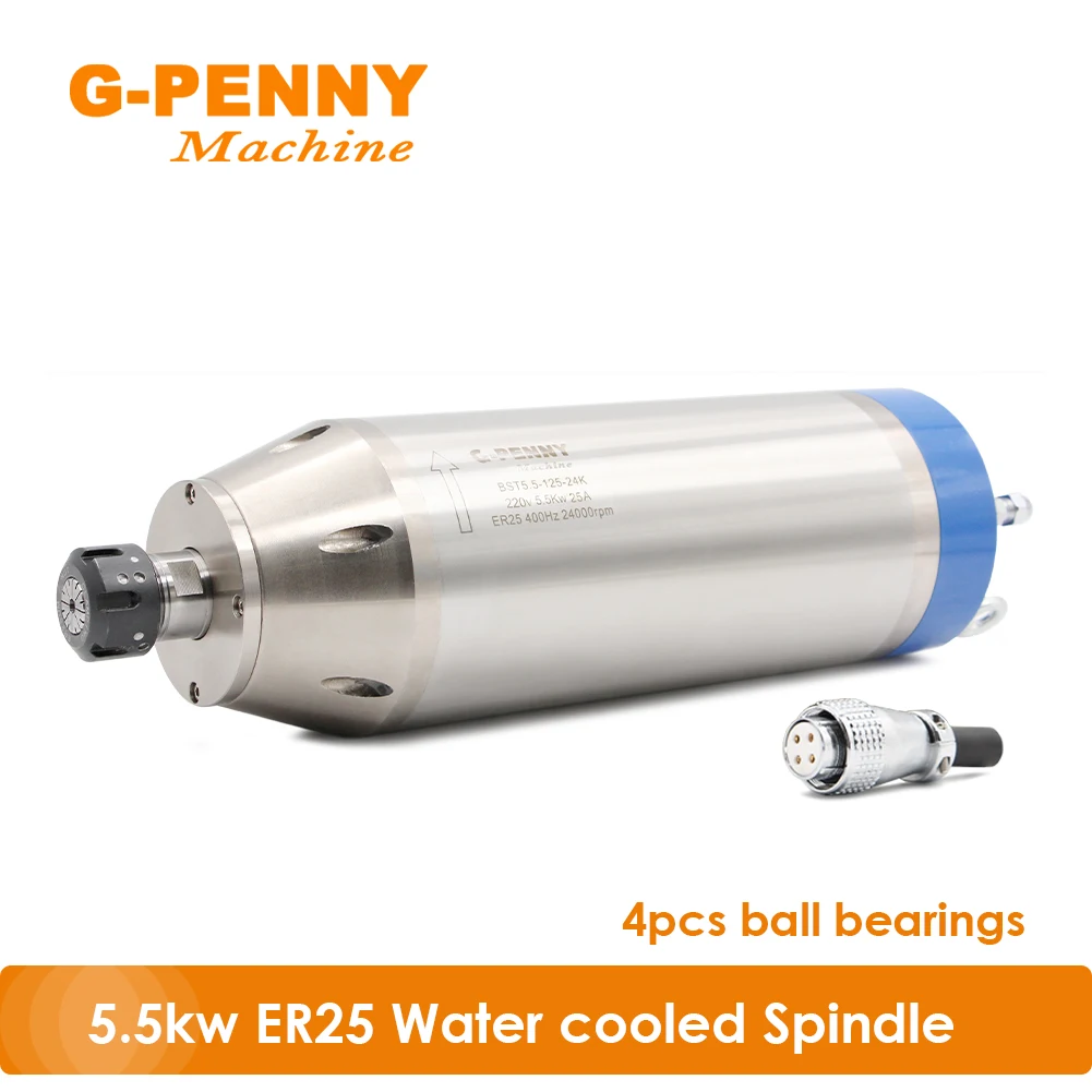 

G-Penny 5.5kw ER25 CNC Water cooled spindle motor 4pcs ceramic ball bearings Bullet type 220v/380v Diameter 125mm