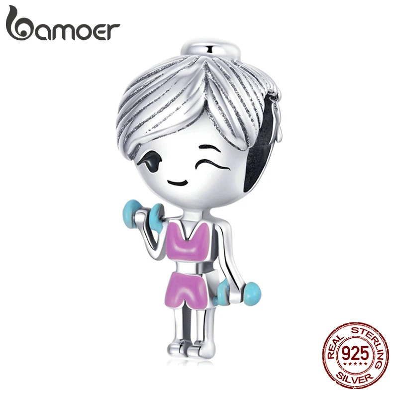 bamoer Cute 925 Sterling Silver Gym Clothes Pink Workout Girl Charm Dumbbells Charm for Bracelet Women Fashion Jewelry BSC488