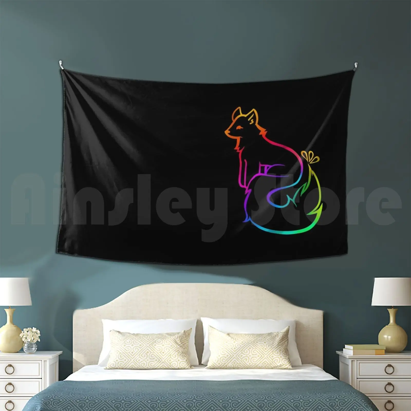 Rainbow Fox Tapestry Living Room Bedroom Fox Rainbow Rainbow Fox Graphic Design Cute Animal Vixen Fluffy