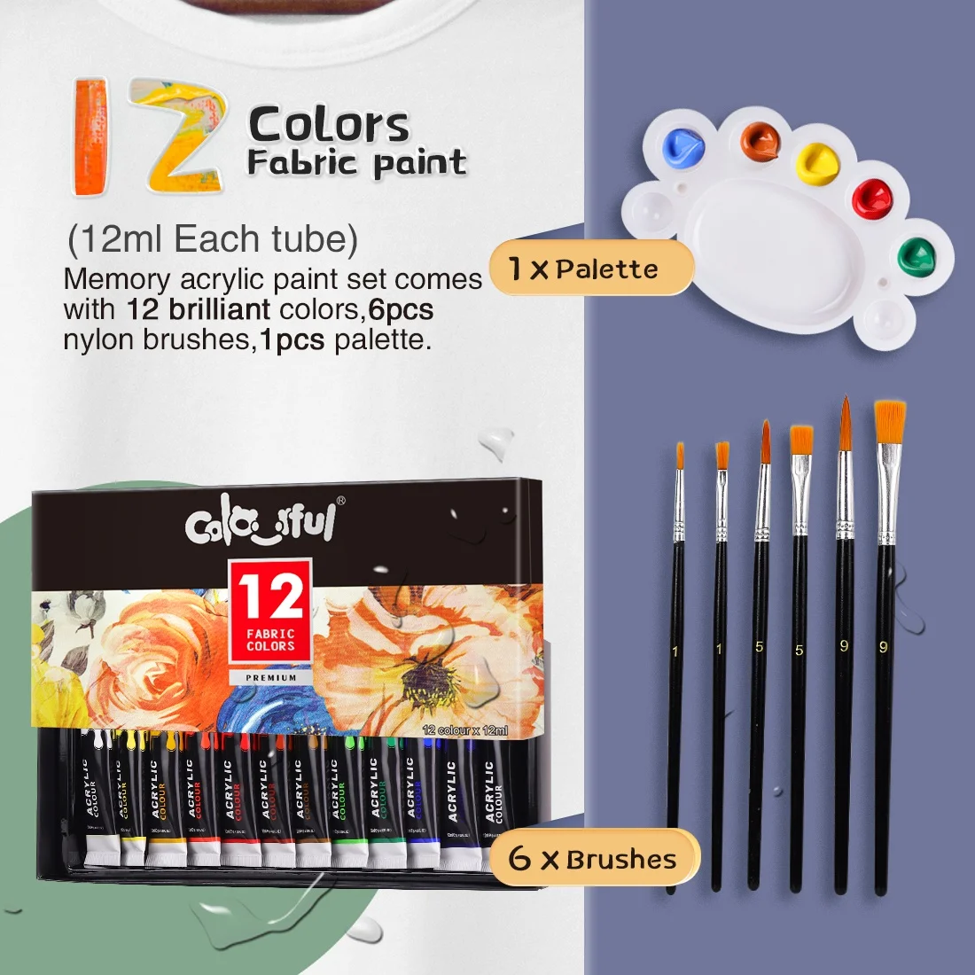 COLORFUL Fabric Paint Set for Clothes with 6 Brushes, 1 Palette, 12 Colors Permanent Textile Puffy Paint Kit for Shoes, Canvas