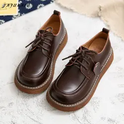 European American Retro British Style Literary Genuine Leather Thick-Sole Lace-Up Handmade Big-Toed Shoes Mori Girl Casual Shoes