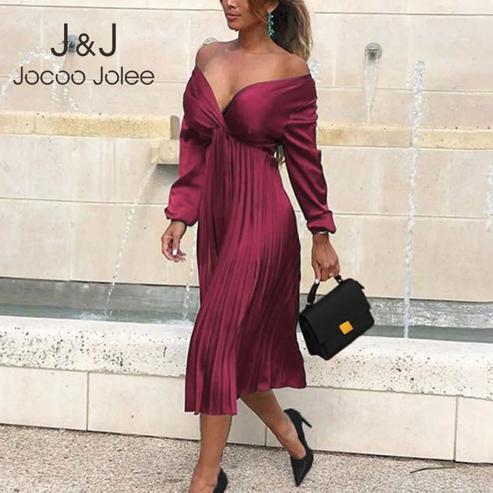 

Jocoo Jolee Long Dress Women Elegant Off Shoulder V Neck Satin Pleated Midi Dress Spring Summer Simple Fake Silk Dress Vestidos