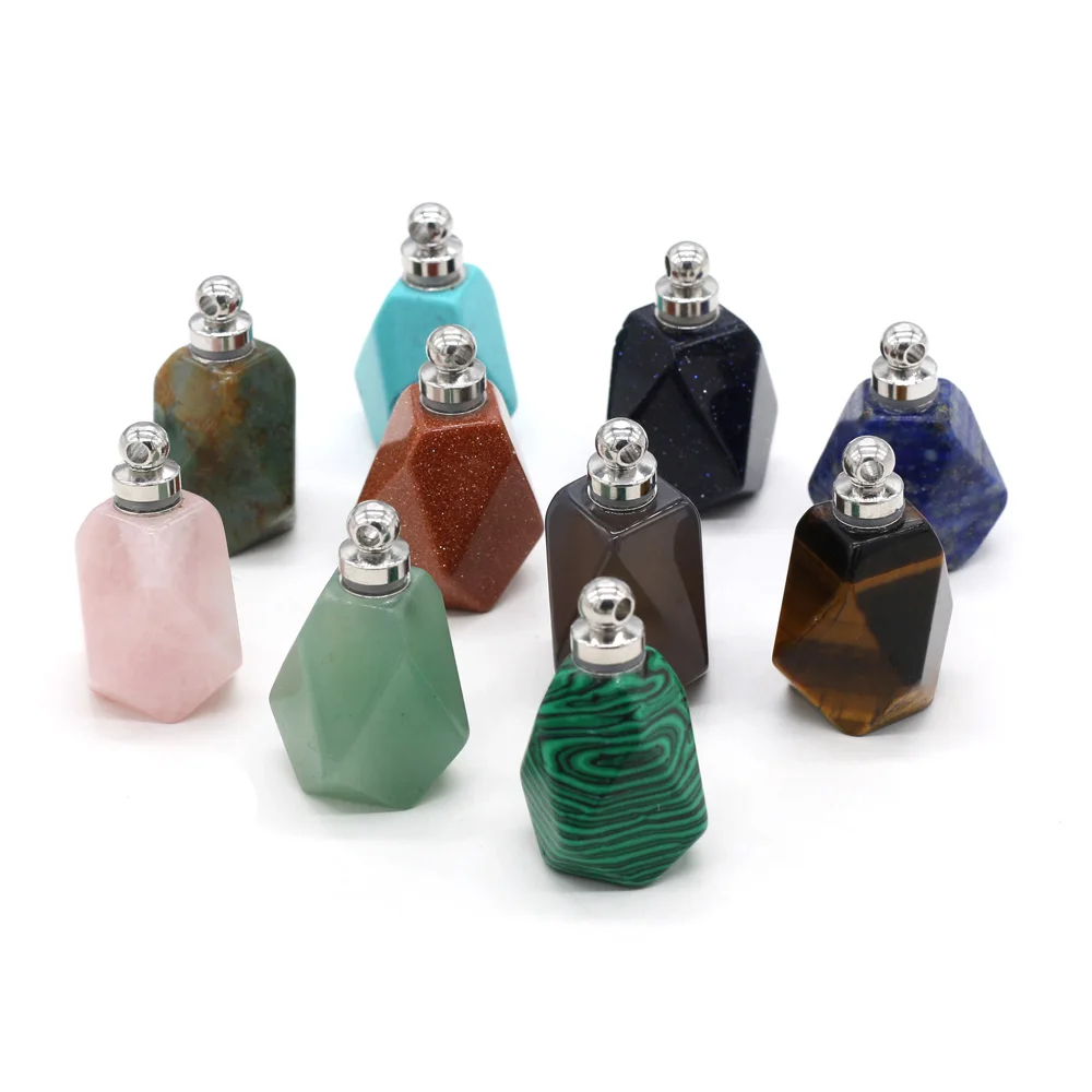 Natural Gem Stone Essential Oil Diffuser Perfume Bottle Pendant Crystal Quartz Geometric Shape Charms for Jewelry Making DIY