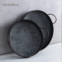 European Retro Round Iron Plate With Handles Metal Vintage Bread Tray Home Decoration Garden Restaurant Table Photographing