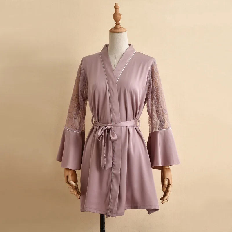 Satin Lady Bathrobe Kimono Wedding Robe Gown  Lace Hollow Out Nightwear Spaghetti Strap Sleep Dress With Appliques Sleepwear