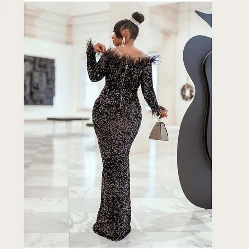 Sexy Slash Neck Sequins Velvet Dress African Clothes Women Bodycon Dress Long Sleeve Feather Collar Bandage Evening Dress Party