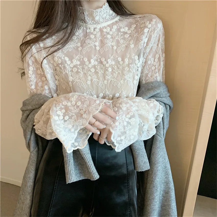 Lente Sweety Meisje Mesh Shirt Lente Lange Mouw Kant Blousas Vrouwen Coltrui Kanten Blouse Basic Tops Trui Bottomings WZ1113