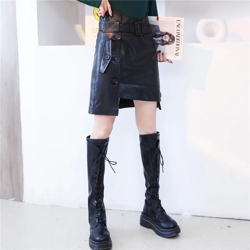 Spring New Women Belted High Waist Asymmetrical Mini Skirt Ladies Moto Biker Buttons Sheepskin Genuine Leather Slim Wrap Skirts