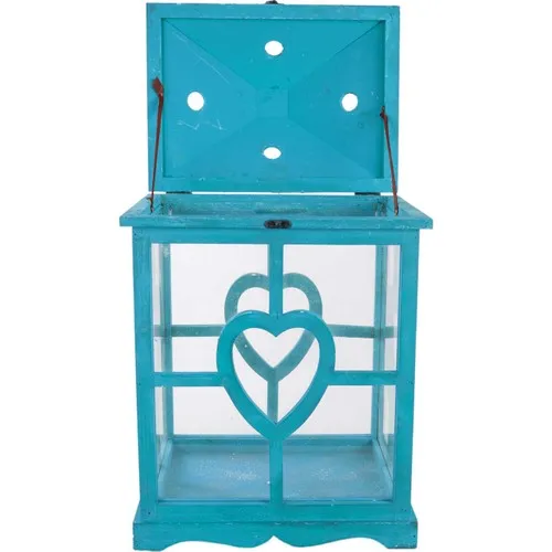 Euro Flora Heart Blue Wooden Candle Holder Lantern 33 X24X53 Cm