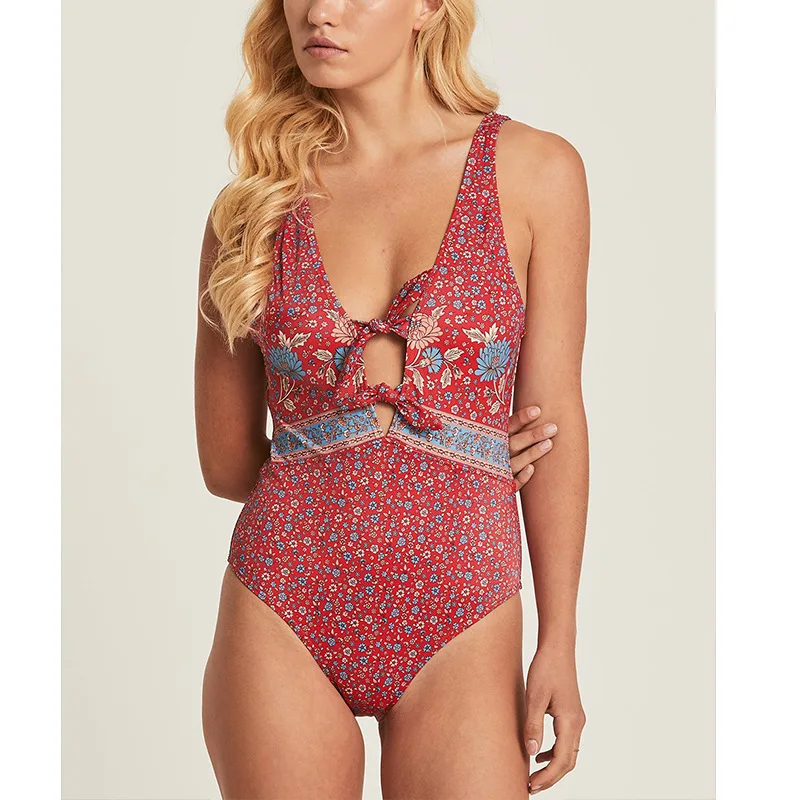 TEELYNN red floral printed one piece swimsuit Women beach swim wear 2020 sxey deep v neck Bow Boho summer monokini batiing suits