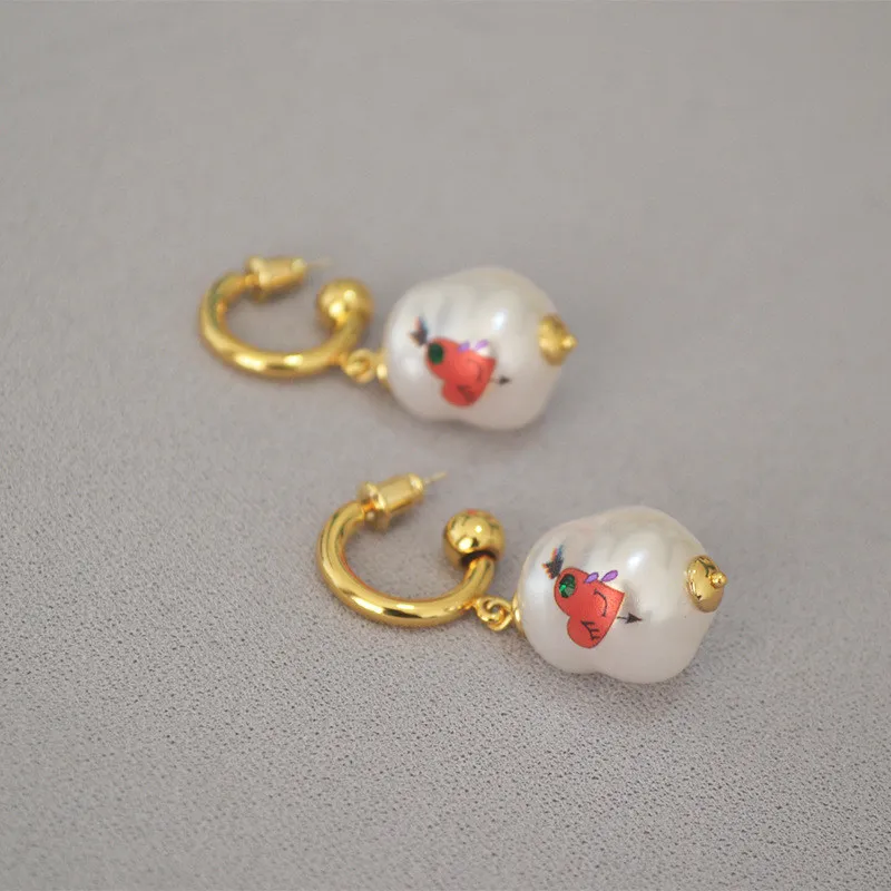 French Vintage Fashion Earrings Baroque Imitation Pearl Rose Cartoon Printing Drop Earrings For Women 925 Silver Needle Jewelry