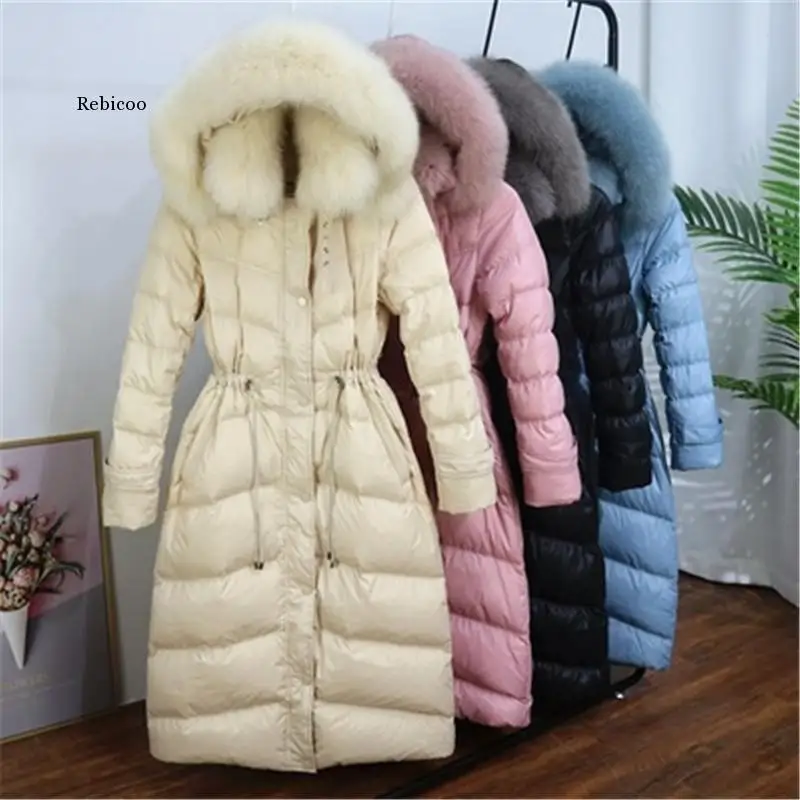 

White Cotton Coat Long Over-The-Knee Korean Women's Fashion Slim Real Fox Fur Double Fur Collar Down Jacket