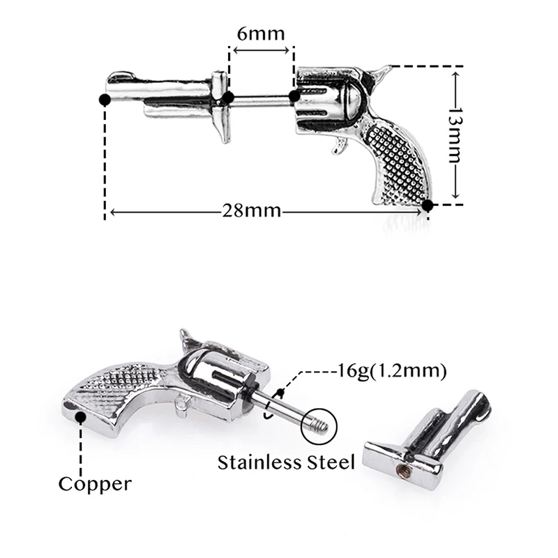 2pcs Retro Revolver Cartilage Earrings Ear Stud Tragus Helix Bar Copper Barbell Oreja Earing Piercing Punk Men Body Jewelry 16G