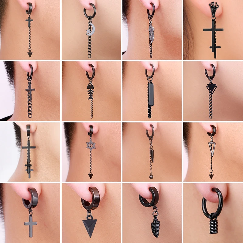 SOHOT Unisex Cross Moon Star Leaf Stick Geometry Fish Bone Black Hoop Stud Earrings Rock Man Titanium Steel Tassel Multiple Punk