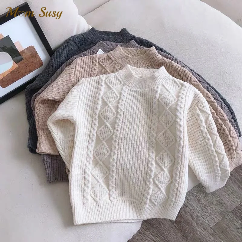 Baby Boy Girl Knitted Velvet Sweater Twisted Stripes Autumn Winter Spring Toddler Teens Child Pullover Solid Baby Clothes 2-14Y