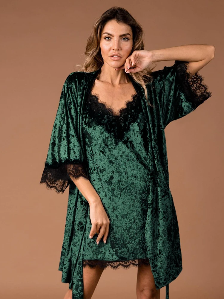 Lace Patchwork Women's Pajamas Night Dress Women Robe Pajama Sets Velour Nightgowns Bathrobes Set Woman 2 Pieces Velvet Roomware