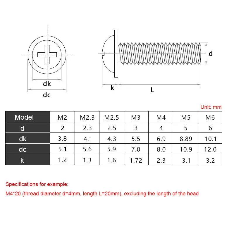 Tête cylindrique Phillips en acier inoxydable avec vis à métaux, M3 figuré, M5, 316, tête de botte ronde croisée avec collier, boulons de rondelle rembourrés