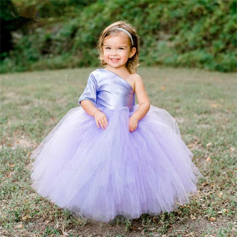 Vestido de fiesta con purpurina para niña, vestido de princesa de un hombro hinchado, vestido de cumpleaños con lazo alino, sin espalda