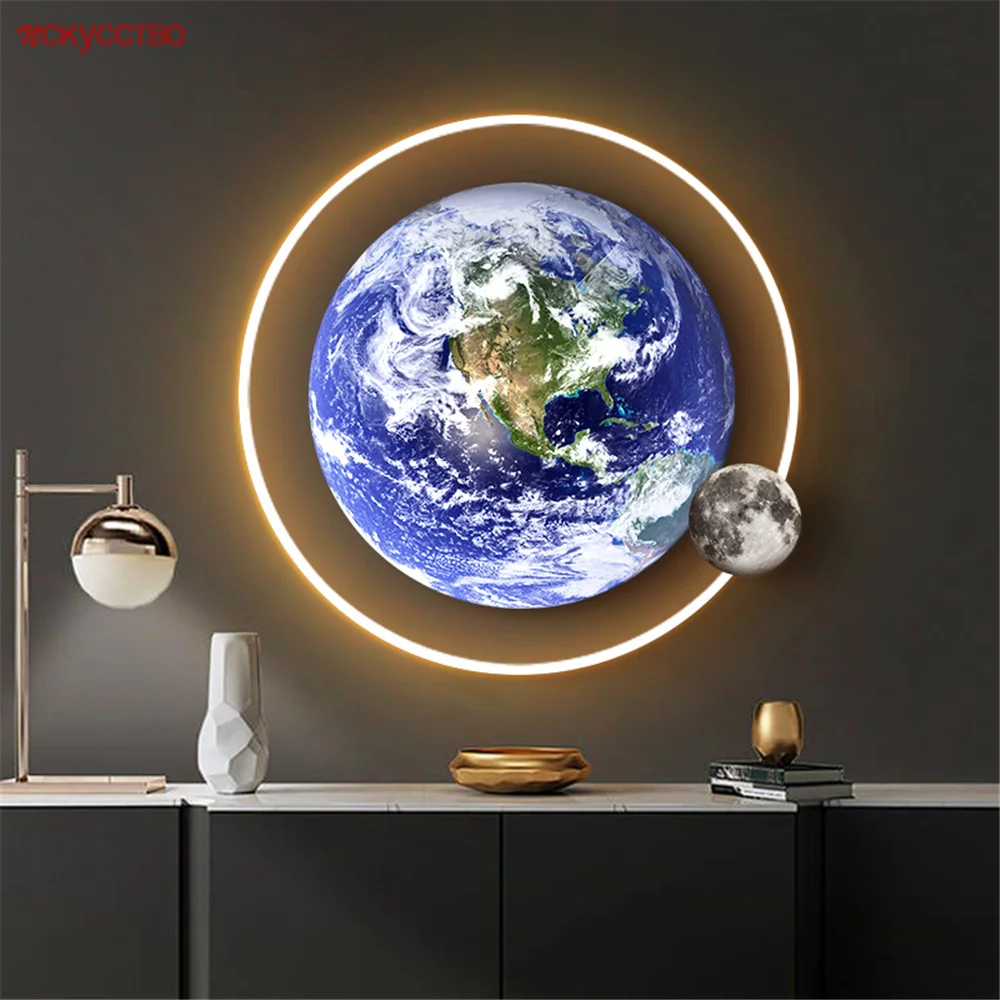 Art Moon Earth Planet Mural Remote Led Wall Lamp Home Decoration Accessories For Living Room Hallway Child Nursery Night Lights